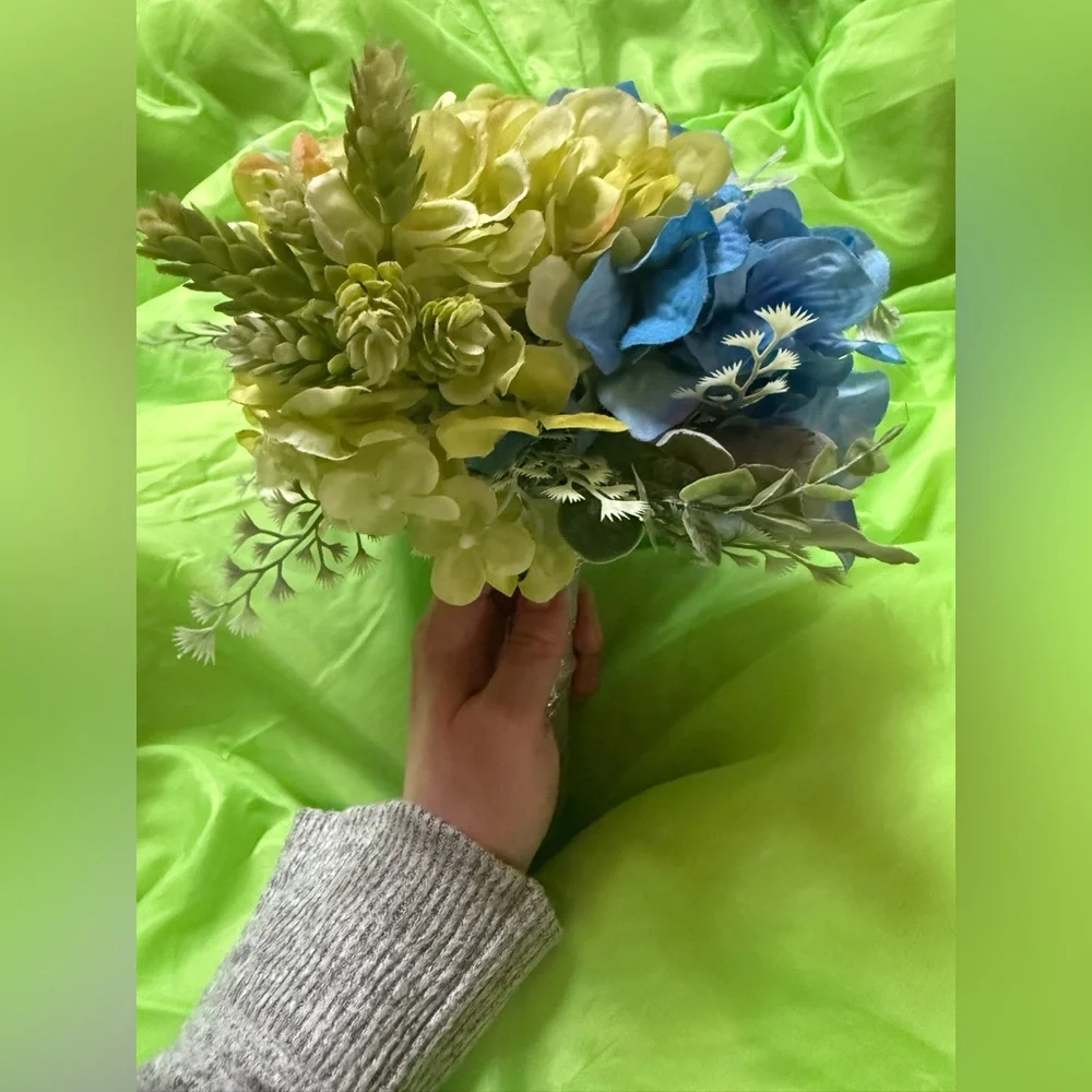 Wedding Bride Bridesmaid Bouquet Floral Leaves Silver Blue Green Peach Hydrangea